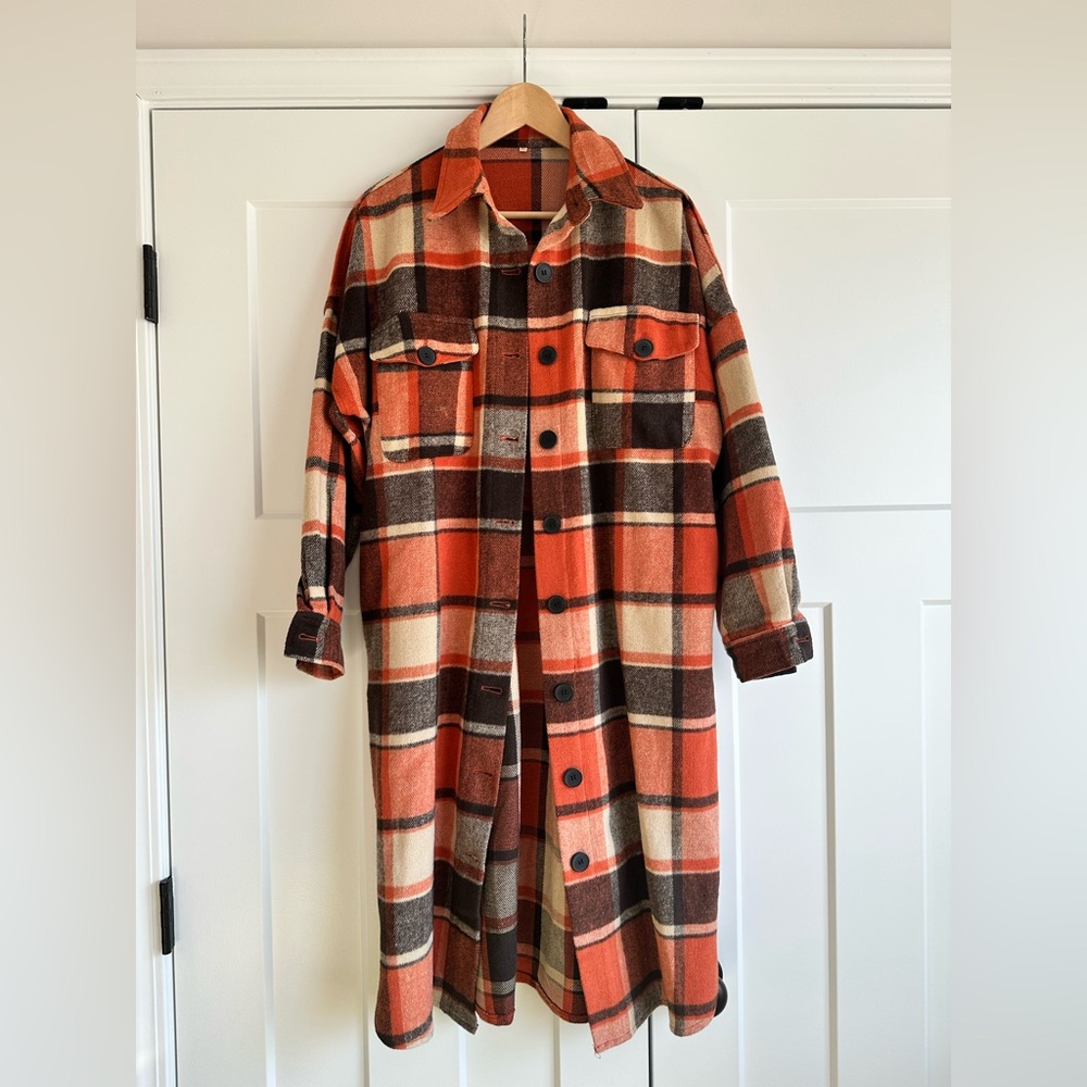 Plaid Longline Jacket - Orange and Brown